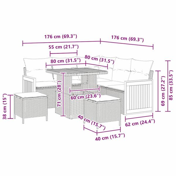 8-teiliges Garten Sofa Set mit Kissen Grau Poly-Rattan Akazie, 2-Sitzer Garten Sofa mit Kissen Grau Poly-Rattan, 3-teiliges Garten Esstisch Set mit Kissen Grau Poly-Rattan Akazie