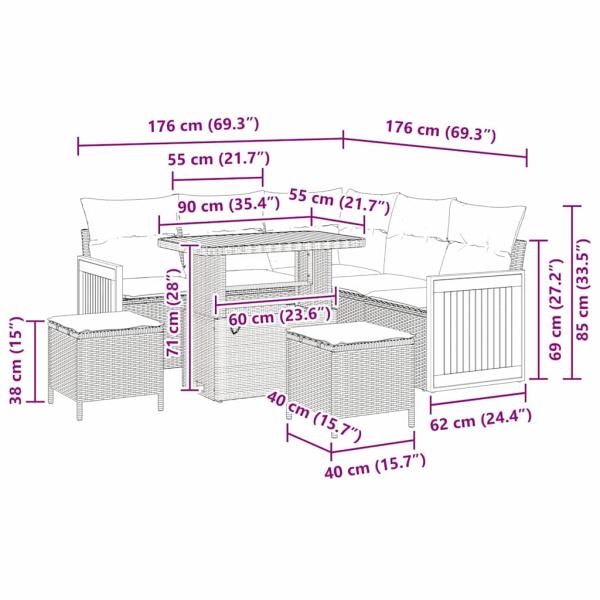 8-teiliges Garten Sofa Set mit Kissen Beige Poly Rattan Akazie, 2-Sitzer Garten Sofa mit Kissen Beige Poly Rattan, 3-teiliges Garten Ess-Set mit Kissen Beige Poly Rattan Akazie