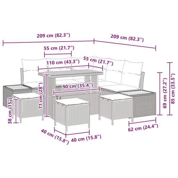 Gartensofa-set mit Kissen 9 pcs Beige und Hellgrau