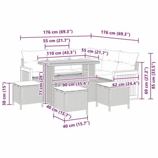9-teiliges Garten Sofaset mit Kissen Beige Poly Rattan Akazie, 2-Sitzer Garten Sofa mit Kissen Beige Poly Rattan, 4-teiliges Garten Esstischset mit Kissen Beige Poly Rattan Akazie