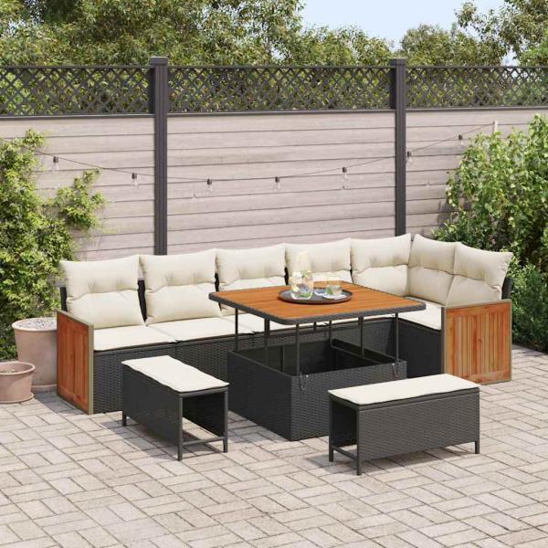 ARDEBO.de - 9-teiliges Garten Sofa Set mit Kissen Schwarz Poly Rattan Akazie, 2-Sitzer Garten Sofa mit Kissen Schwarz Poly Rattan, 3-teiliges Garten Essset mit Kissen Schwarz Poly Rattan Akazie