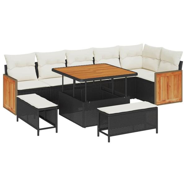 9-teiliges Garten Sofa Set mit Kissen Schwarz Poly Rattan Akazie, 2-Sitzer Garten Sofa mit Kissen Schwarz Poly Rattan, 3-teiliges Garten Essset mit Kissen Schwarz Poly Rattan Akazie