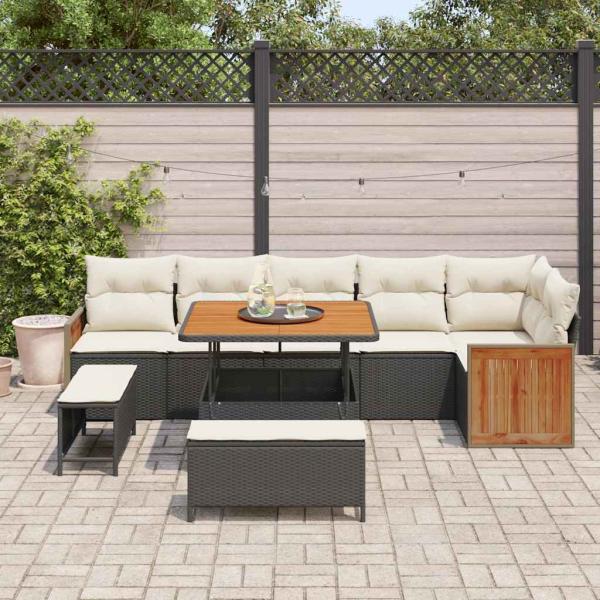 9-teiliges Garten Sofa Set mit Kissen Schwarz Poly Rattan Akazie, 2-Sitzer Garten Sofa mit Kissen Schwarz Poly Rattan, 3-teiliges Garten Essset mit Kissen Schwarz Poly Rattan Akazie