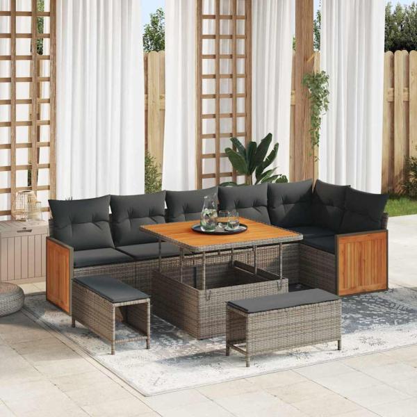 ARDEBO.de - 9-teiliges Garten Sofaset mit Kissen Grau Poly Rattan Akazie, 2-Sitzer Garten Sofa mit Kissen Grau Poly Rattan, 3-teiliges Garten Essenset mit Kissen Grau Poly Rattan Akazie