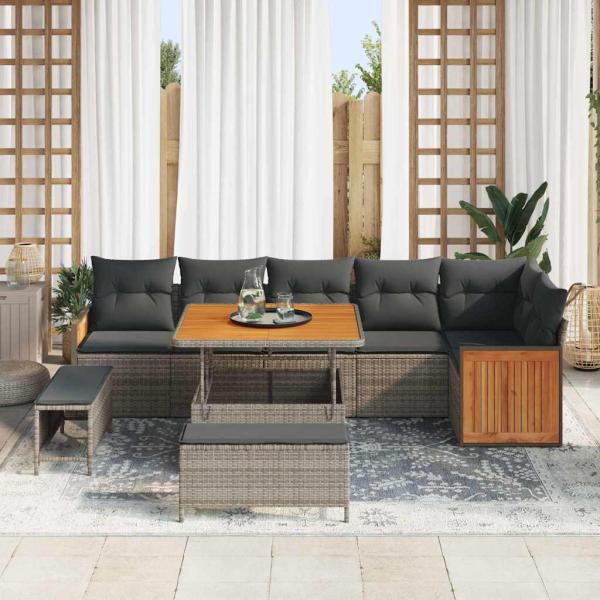 9-teiliges Garten Sofaset mit Kissen Grau Poly Rattan Akazie, 2-Sitzer Garten Sofa mit Kissen Grau Poly Rattan, 3-teiliges Garten Essenset mit Kissen Grau Poly Rattan Akazie