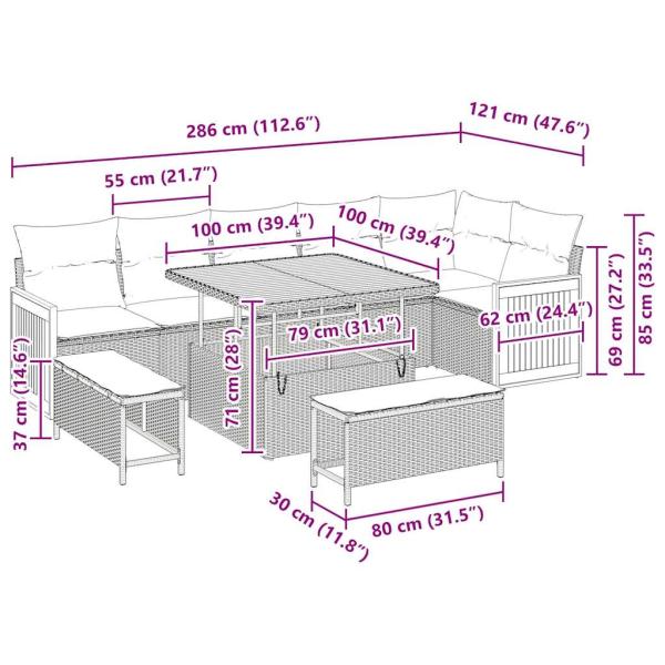 9-teiliges Garten Sofaset mit Kissen Grau Poly Rattan Akazie, 2-Sitzer Garten Sofa mit Kissen Grau Poly Rattan, 3-teiliges Garten Essenset mit Kissen Grau Poly Rattan Akazie