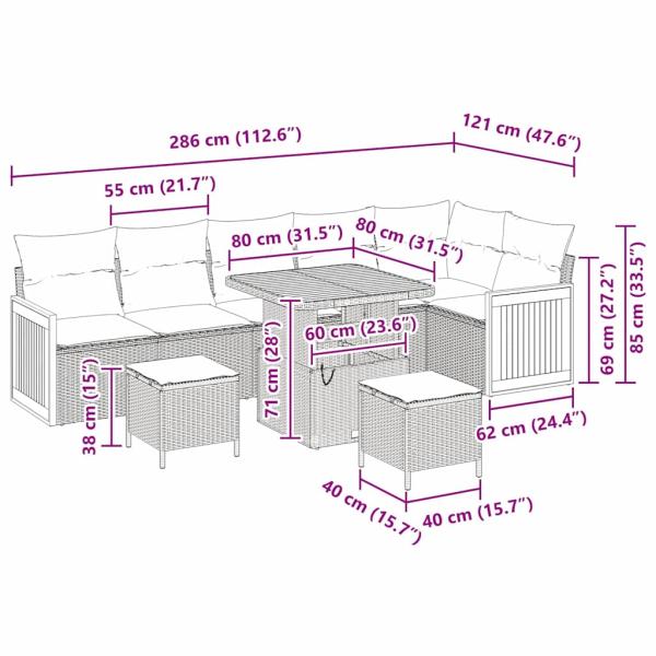 9-teiliges Garten Sofa Set mit Kissen Schwarz Poly Rattan Akazie, 2-Sitzer Garten Sofa mit Kissen Schwarz Poly Rattan, 3-teiliges Garten Essset mit Kissen Schwarz Poly Rattan Akazie