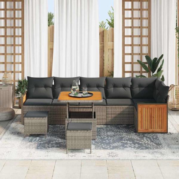 9-teiliges Garten-Sofa-Set mit Kissen Grau Poly-Rattan Akazie, 2-Sitzer Garten-Sofa mit Kissen Grau Poly-Rattan, 3-teiliges Garten-Ess-Set mit Kissen Grau Poly-Rattan Akazie