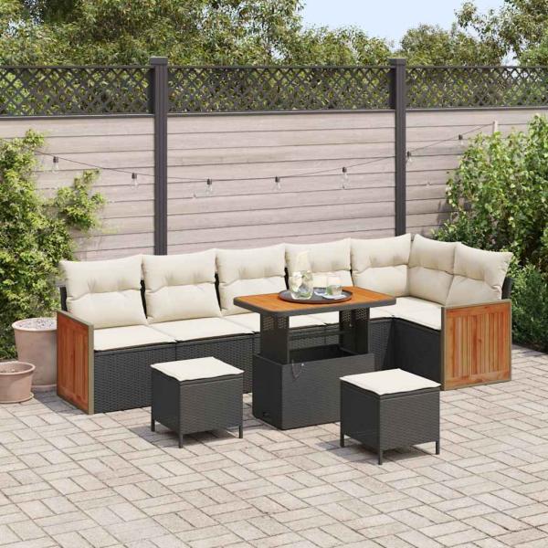 ARDEBO.de - 9-teiliges Garten-Sofa-Set mit Kissen Schwarz Poly Rattan Akazie, 2-Sitzer Garten-Sofa mit Kissen Schwarz Poly Rattan, 3-teiliges Garten-Ess-Set mit Kissen Schwarz Poly Rattan Akazie