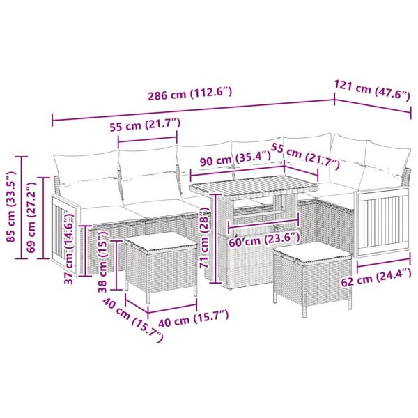 9-teiliges Garten Sofa Set mit Kissen Beige Poly Rattan Akazie, 2-Sitzer Garten Sofa mit Kissen Beige Poly Rattan, 3-teiliges Gartentisch Set mit Kissen Beige Poly Rattan Akazie