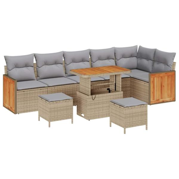 9-teiliges Garten Sofa Set mit Kissen Beige Poly Rattan Akazie, 2-Sitzer Garten Sofa mit Kissen Beige Poly Rattan, 3-teiliges Garten Ess-Set mit Kissen Beige Poly Rattan Akazie