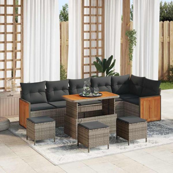 ARDEBO.de - 10-teiliges Garten Sofa Set mit Kissen Grau Poly Rattan Akazie, 2-Sitzer Garten Sofa mit Kissen Grau Poly Rattan, 4-teiliges Garten Ess-Set mit Kissen Grau Poly Rattan Akazie