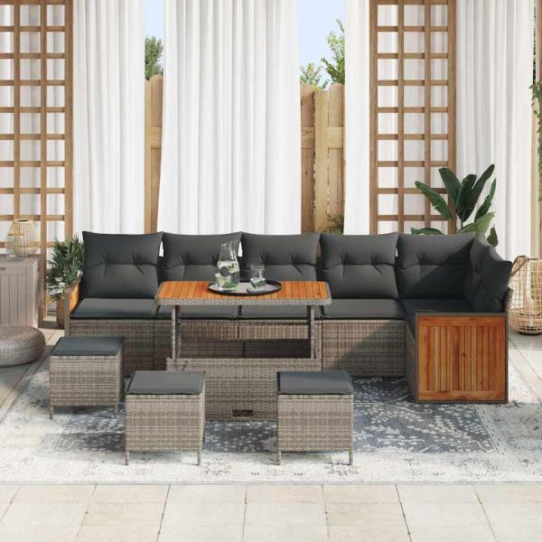 10-teiliges Garten Sofa Set mit Kissen Grau Poly Rattan Akazie, 2-Sitzer Garten Sofa mit Kissen Grau Poly Rattan, 4-teiliges Garten Ess-Set mit Kissen Grau Poly Rattan Akazie