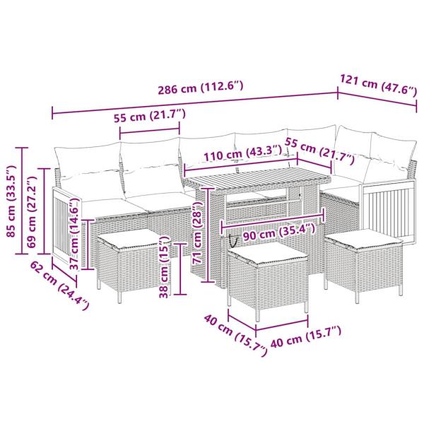 10-teiliges Garten Sofa Set mit Kissen Grau Poly Rattan Akazie, 2-Sitzer Garten Sofa mit Kissen Grau Poly Rattan, 4-teiliges Garten Ess-Set mit Kissen Grau Poly Rattan Akazie