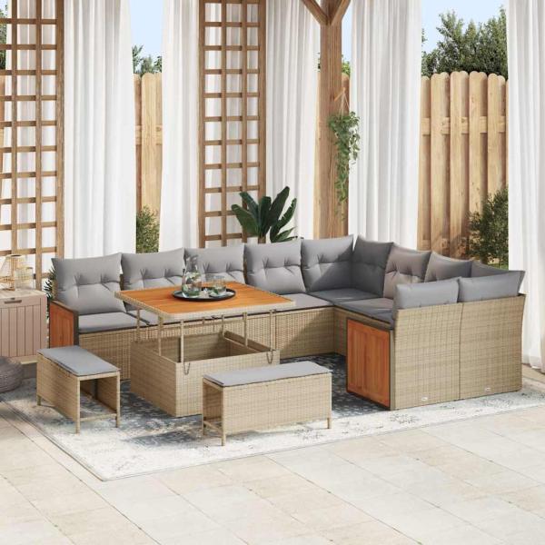 ARDEBO.de - 12-teiliges Garten Sofaset mit Kissen Beige Poly Rattan Akazie, 3-teiliges Garten Essset mit Kissen Beige Poly Rattan Akazie, 2-Sitzer Garten Sofa mit Kissen Beige Poly Rattan