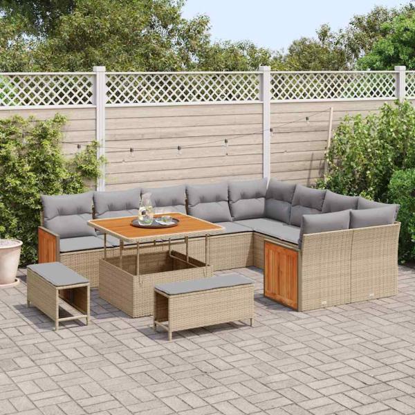 12-teiliges Garten Sofaset mit Kissen Beige Poly Rattan Akazie, 3-teiliges Garten Essset mit Kissen Beige Poly Rattan Akazie, 2-Sitzer Garten Sofa mit Kissen Beige Poly Rattan