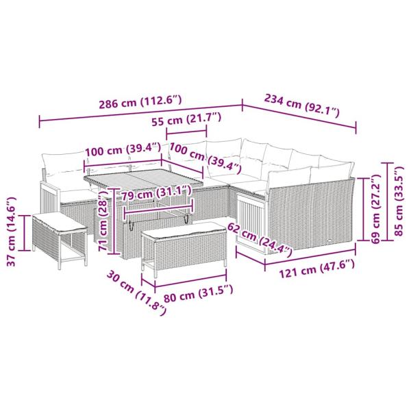 12-teiliges Garten Sofaset mit Kissen Beige Poly Rattan Akazie, 3-teiliges Garten Essset mit Kissen Beige Poly Rattan Akazie, 2-Sitzer Garten Sofa mit Kissen Beige Poly Rattan