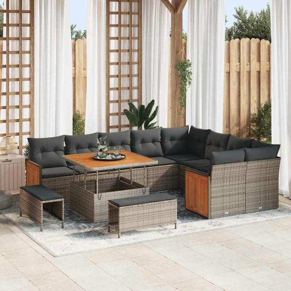 ARDEBO.de - 12-teiliges Garten-Sofa-Set mit Kissen Grau Poly Rattan Akazie, 3-teiliges Garten-Ess-Set mit Kissen Grau Poly Rattan Akazie, 2-Sitzer Garten-Sofa mit Kissen Grau Poly-Rattan