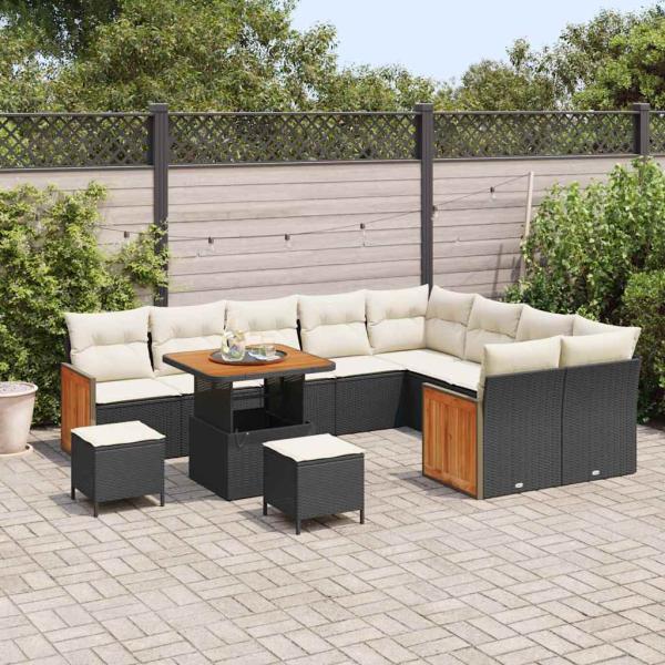 ARDEBO.de - 12-teiliges Garten Sofa Set mit Kissen Schwarz Poly Rattan Akazie, 3-teiliges Garten Ess Set mit Kissen Schwarz Poly Rattan Akazie, 2-Sitzer Garten Sofa mit Kissen Schwarz Poly Rattan