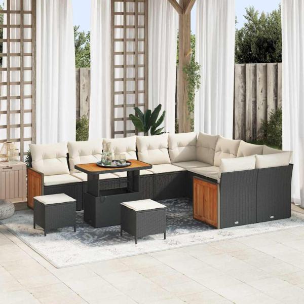 ARDEBO.de - 12-teiliges Garten-Sofa-Set mit Kissen Schwarz Poly-Rattan Akazie, 3-teiliges Garten-Esstisch-Set mit Kissen Schwarz Poly-Rattan Akazie, 2-Sitzer Garten-Sofa mit Kissen Schwarz Poly-Rattan