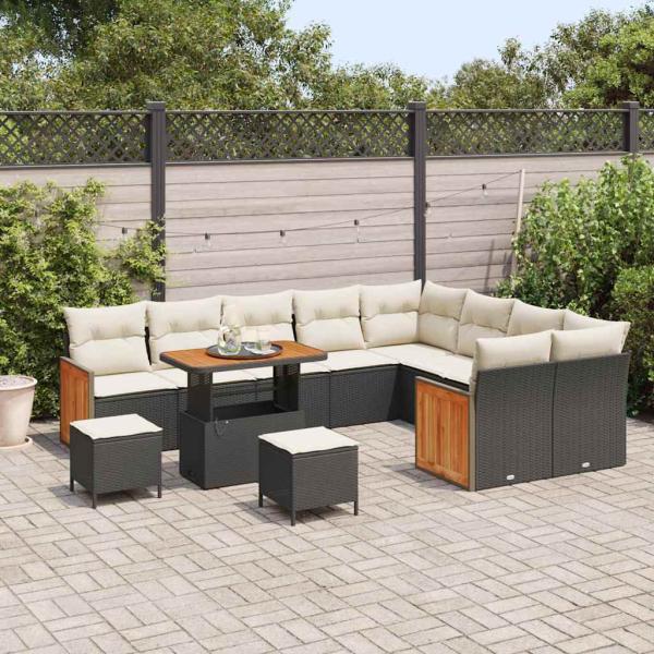 12-teiliges Garten-Sofa-Set mit Kissen Schwarz Poly-Rattan Akazie, 3-teiliges Garten-Esstisch-Set mit Kissen Schwarz Poly-Rattan Akazie, 2-Sitzer Garten-Sofa mit Kissen Schwarz Poly-Rattan