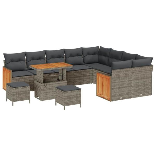 12-Teiliges Garten Sofa Set mit Kissen Grau Poly Rattan Akazie, 3-Teiliges Garten Esszimmer Set mit Kissen Grau Poly Rattan Akazie, 2-Sitzer Garten Sofa mit Kissen Grau Poly Rattan