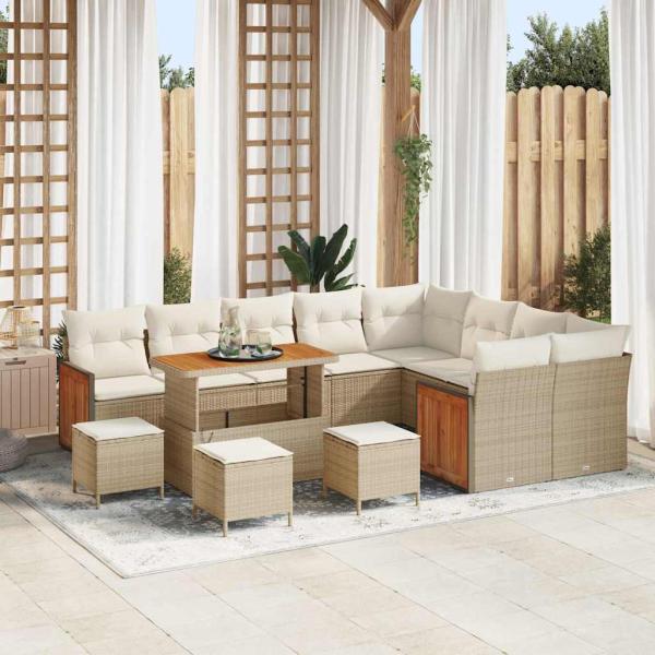 ARDEBO.de - 13-teiliges Garten Sofa-Set mit Kissen Beige Poly Rattan Akazie, 4-teiliges Garten Essenset mit Kissen Beige Poly Rattan Akazie, 2-Sitzer Garten Sofa mit Kissen Beige Poly Rattan