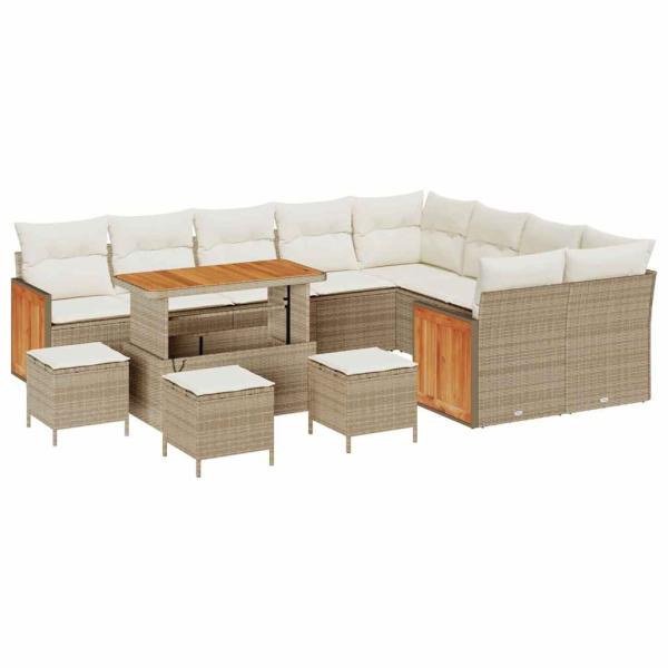 13-teiliges Garten Sofa-Set mit Kissen Beige Poly Rattan Akazie, 4-teiliges Garten Essenset mit Kissen Beige Poly Rattan Akazie, 2-Sitzer Garten Sofa mit Kissen Beige Poly Rattan