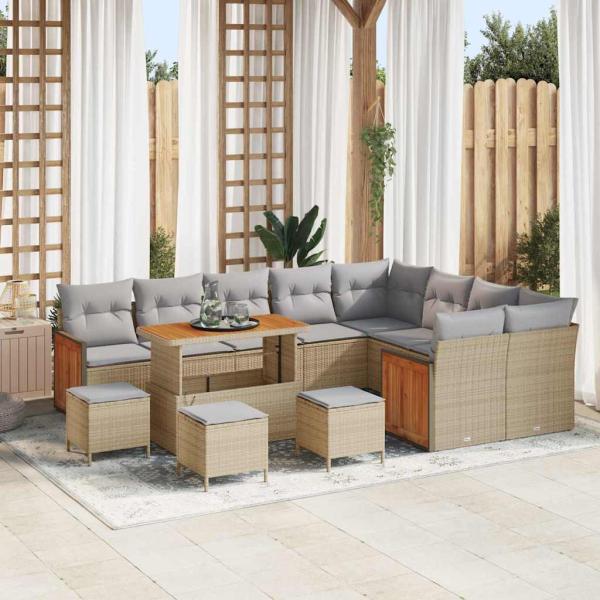 ARDEBO.de - 13-teiliges Garten-Sofa-Set mit Kissen Beige Poly-Rattan Akazie, 4-teiliges Garten-Dining-Set mit Kissen Beige Poly-Rattan Akazie, 2-Sitzer Garten-Sofa mit Kissen Beige Poly-Rattan