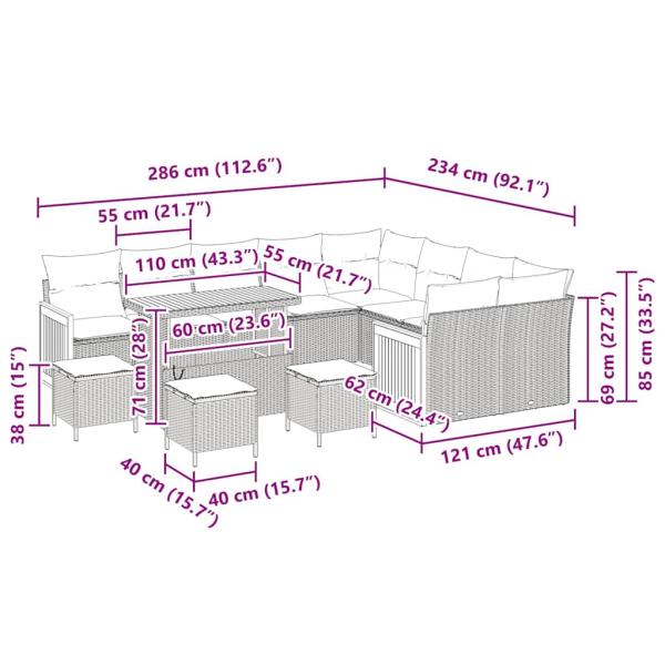 13-teiliges Garten-Sofa-Set mit Kissen Beige Poly-Rattan Akazie, 4-teiliges Garten-Dining-Set mit Kissen Beige Poly-Rattan Akazie, 2-Sitzer Garten-Sofa mit Kissen Beige Poly-Rattan