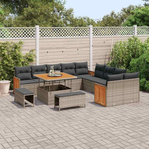 13-teiliges Garten-Sofa-Set mit Kissen Grau Poly-Rattan Akazie, 2-Sitzer Garten-Sofa mit Kissen Grau Poly-Rattan, 3-teiliges Garten-Dining-Set mit Kissen Grau Poly-Rattan Akazie