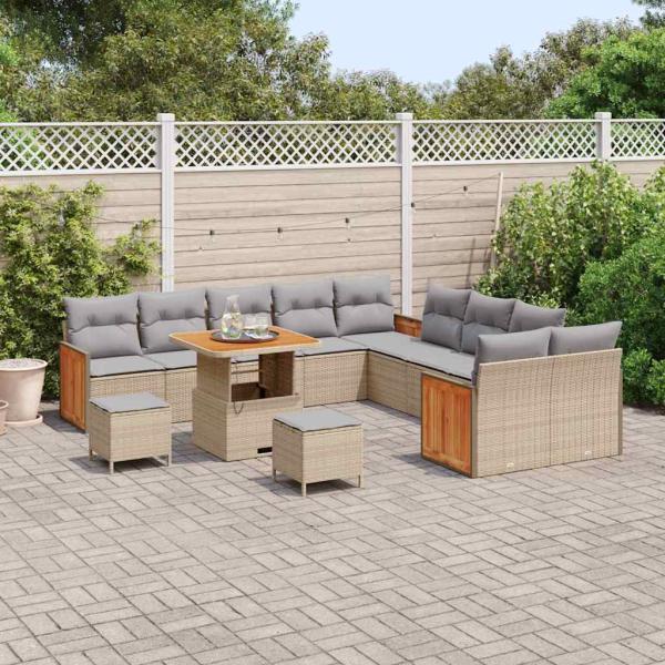 13-teiliges Garten Sofa Set mit Kissen Beige Poly Rattan Akazie, 2-Sitzer Garten Sofa mit Kissen Beige Poly Rattan, 3-teiliges Garten Esstisch Set mit Kissen Beige Poly Rattan Akazie