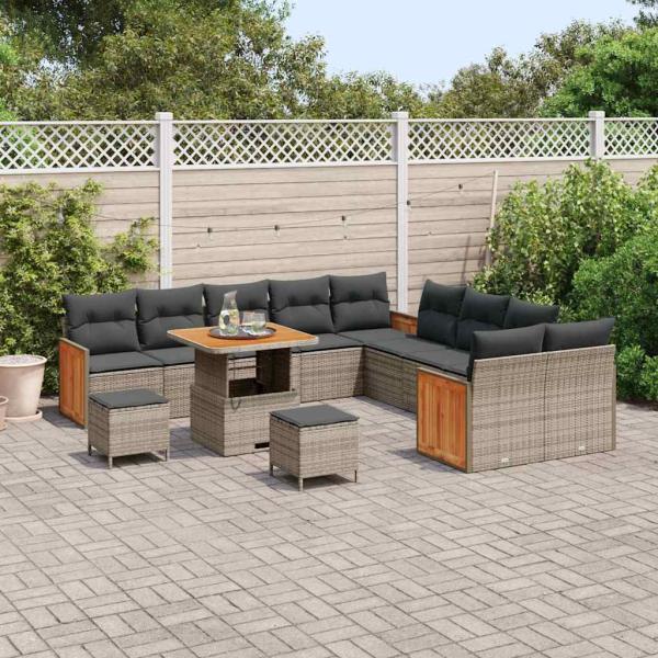13-teiliges Garten-Sofa-Set mit Kissen Grau Poly Rattan Akazie, 2-Sitzer Garten-Sofa mit Kissen Grau Poly Rattan, 3-teiliges Garten-Ess-Set mit Kissen Grau Poly Rattan Akazie