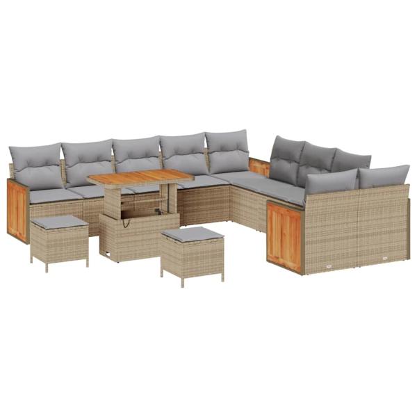 ARDEBO.de - 13-teiliges Garten Sofa Set mit Kissen Beige Poly Rattan Akazie, 2-Sitzer Garten Sofa mit Kissen Beige Poly Rattan, 3-teiliges Garten Essset mit Kissen Beige Poly Rattan Akazie
