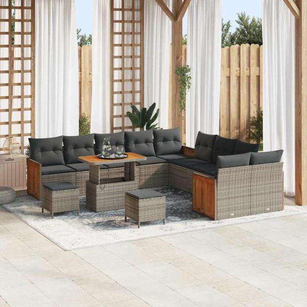 ARDEBO.de - 13-teiliges Garten-Sofa-Set mit Kissen Grau Poly-Rattan Akazie, 2-Sitzer Garten-Sofa mit Kissen Grau Poly-Rattan, 3-teilige Garten-Essgruppe mit Kissen Grau Poly-Rattan Akazie