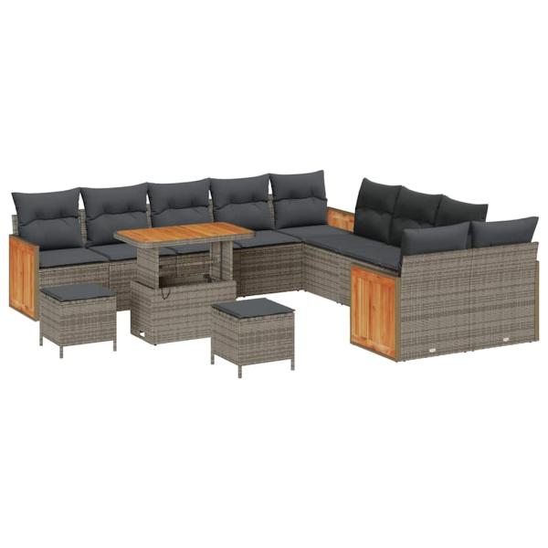 13-teiliges Garten-Sofa-Set mit Kissen Grau Poly-Rattan Akazie, 2-Sitzer Garten-Sofa mit Kissen Grau Poly-Rattan, 3-teilige Garten-Essgruppe mit Kissen Grau Poly-Rattan Akazie