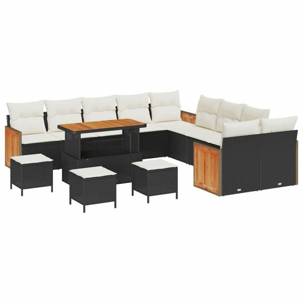 Garten-Sofa-Set 14-teilig mit Kissen Schwarz Poly-Rattan Akazie, 2-Sitzer Garten-Sofa mit Kissen Schwarz Poly-Rattan, Garten-Dining-Set 4-teilig mit Kissen Schwarz Poly-Rattan Akazie