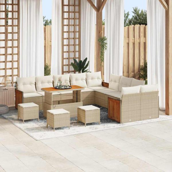 ARDEBO.de - 14-teiliges Garten Sofa Set mit Kissen Beige Poly Rattan Akazie, 2-Sitzer Garten Sofa mit Kissen Beige Poly Rattan, 4-teiliges Garten Esstisch Set mit Kissen Beige Poly Rattan Akazie