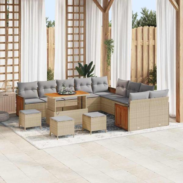 ARDEBO.de - 14-teiliges Garten-Sofa-Set mit Kissen Beige Poly-Rattan Akazie, 2-Sitzer Garten-Sofa mit Kissen Beige Poly-Rattan, 4-teiliges Garten-Dining-Set mit Kissen Beige Poly-Rattan Akazie