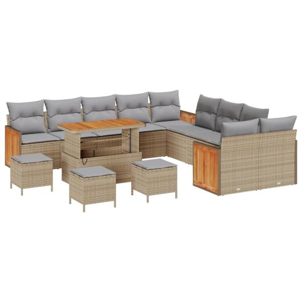 14-teiliges Garten-Sofa-Set mit Kissen Beige Poly-Rattan Akazie, 2-Sitzer Garten-Sofa mit Kissen Beige Poly-Rattan, 4-teiliges Garten-Dining-Set mit Kissen Beige Poly-Rattan Akazie