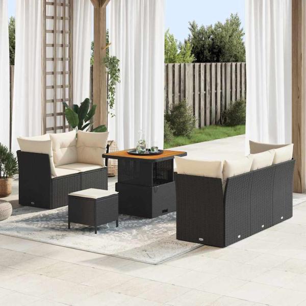 ARDEBO.de - 8-teiliges Garten-Sofaset mit Kissen Schwarz Poly Rattan Akazie, 3-teiliges Garten-Dining-Set mit Kissen Schwarz Poly Rattan Akazie