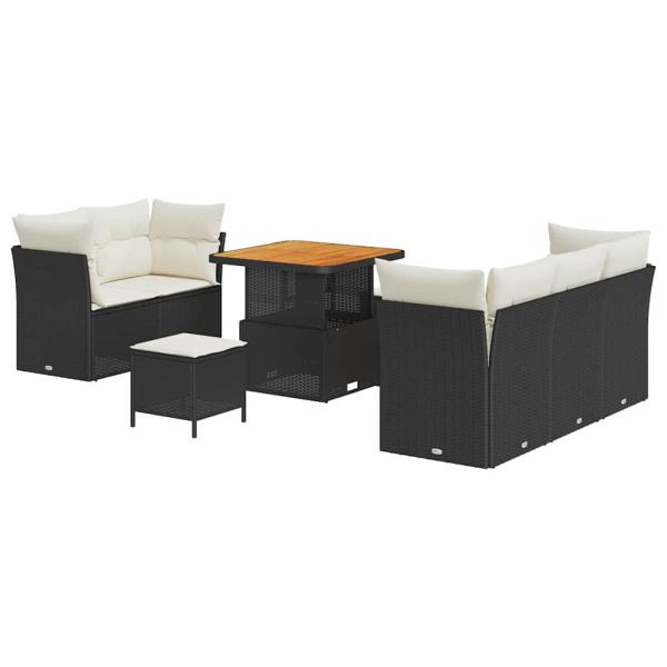 8-teiliges Garten-Sofaset mit Kissen Schwarz Poly Rattan Akazie, 3-teiliges Garten-Dining-Set mit Kissen Schwarz Poly Rattan Akazie