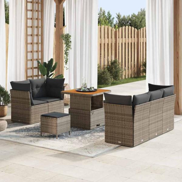 ARDEBO.de - 8-teiliges Garten Sofa Set mit Kissen Grau Poly Rattan Akazie, 3-teiliges Garten Essset mit Kissen Grau Poly Rattan Akazie