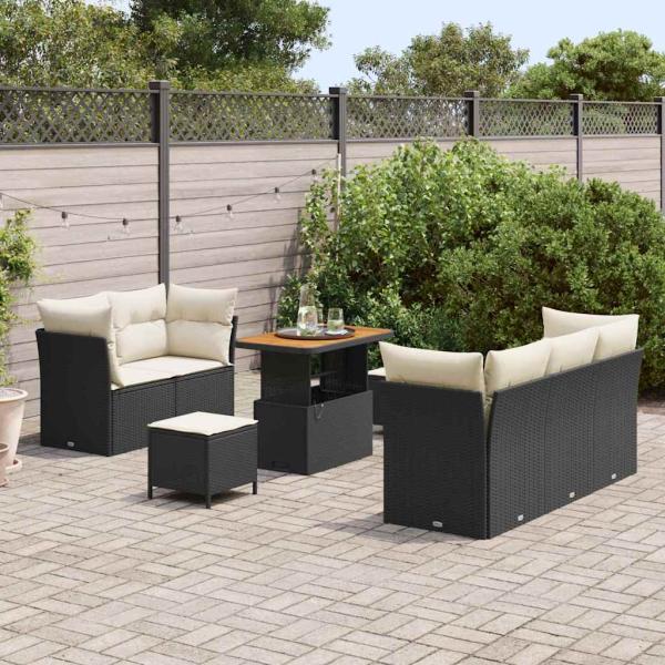 8-teiliges Garten-Sofaset mit Kissen Schwarz Poly-Rattan Akazie, 3-teiliges Garten-Essenset mit Kissen Schwarz Poly-Rattan Akazie