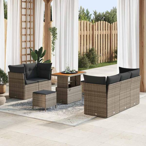 ARDEBO.de - 8-teiliges Garten-Sofa-Set mit Kissen Grau Poly-Rattan Akazie, 3-teiliges Garten-Dining-Set mit Kissen Grau Poly-Rattan Akazie