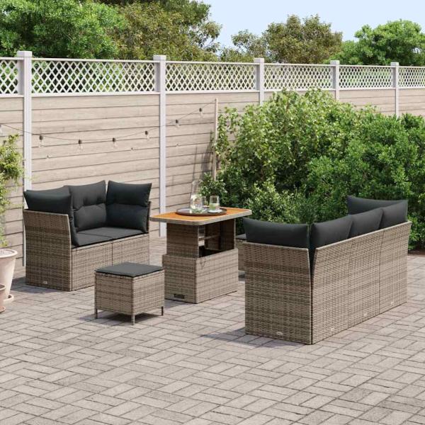 8-teiliges Garten-Sofa-Set mit Kissen Grau Poly-Rattan Akazie, 3-teiliges Garten-Dining-Set mit Kissen Grau Poly-Rattan Akazie