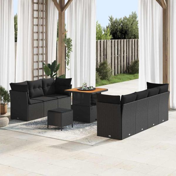 ARDEBO.de - 10-teiliges Garten-Sofa Set mit Kissen Schwarz Poly-Rattan Akazie, 3-teiliges Garten-Esszimmer-Set mit Kissen Schwarz Poly-Rattan Akazie
