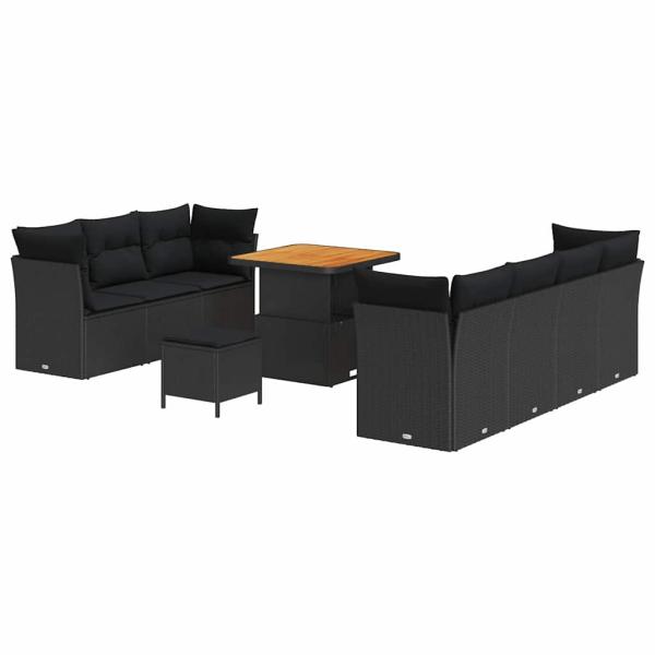 10-teiliges Garten-Sofa Set mit Kissen Schwarz Poly-Rattan Akazie, 3-teiliges Garten-Esszimmer-Set mit Kissen Schwarz Poly-Rattan Akazie