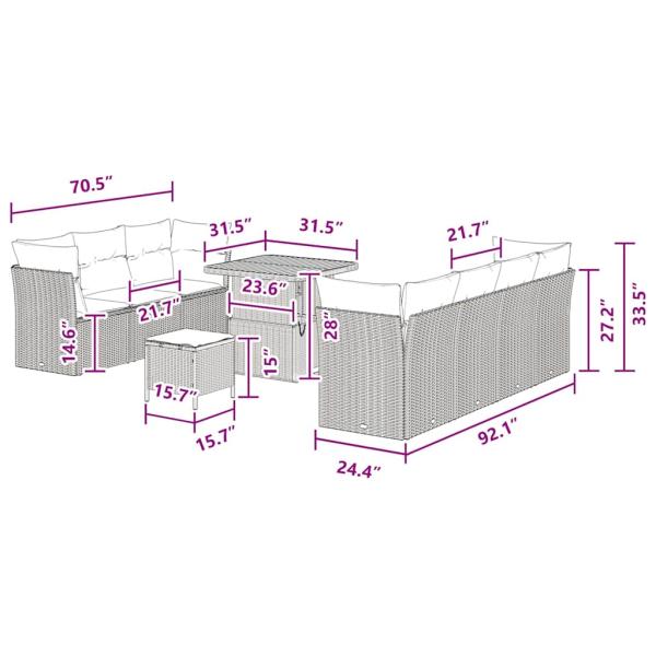 10-teiliges Garten-Sofa Set mit Kissen Schwarz Poly-Rattan Akazie, 3-teiliges Garten-Esszimmer-Set mit Kissen Schwarz Poly-Rattan Akazie