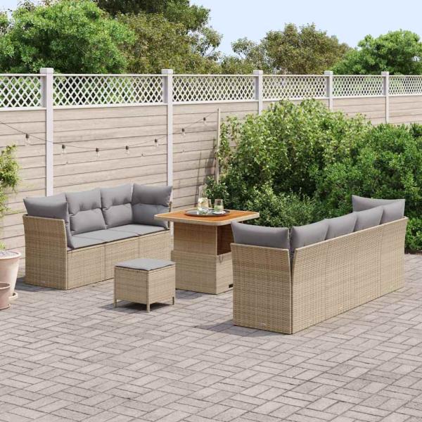 10-teiliges Garten Sofa Set mit Kissen Beiges Poly Rattan Akazie, 3-teiliges Garten Ess Set mit Kissen Beiges Poly Rattan Akazie